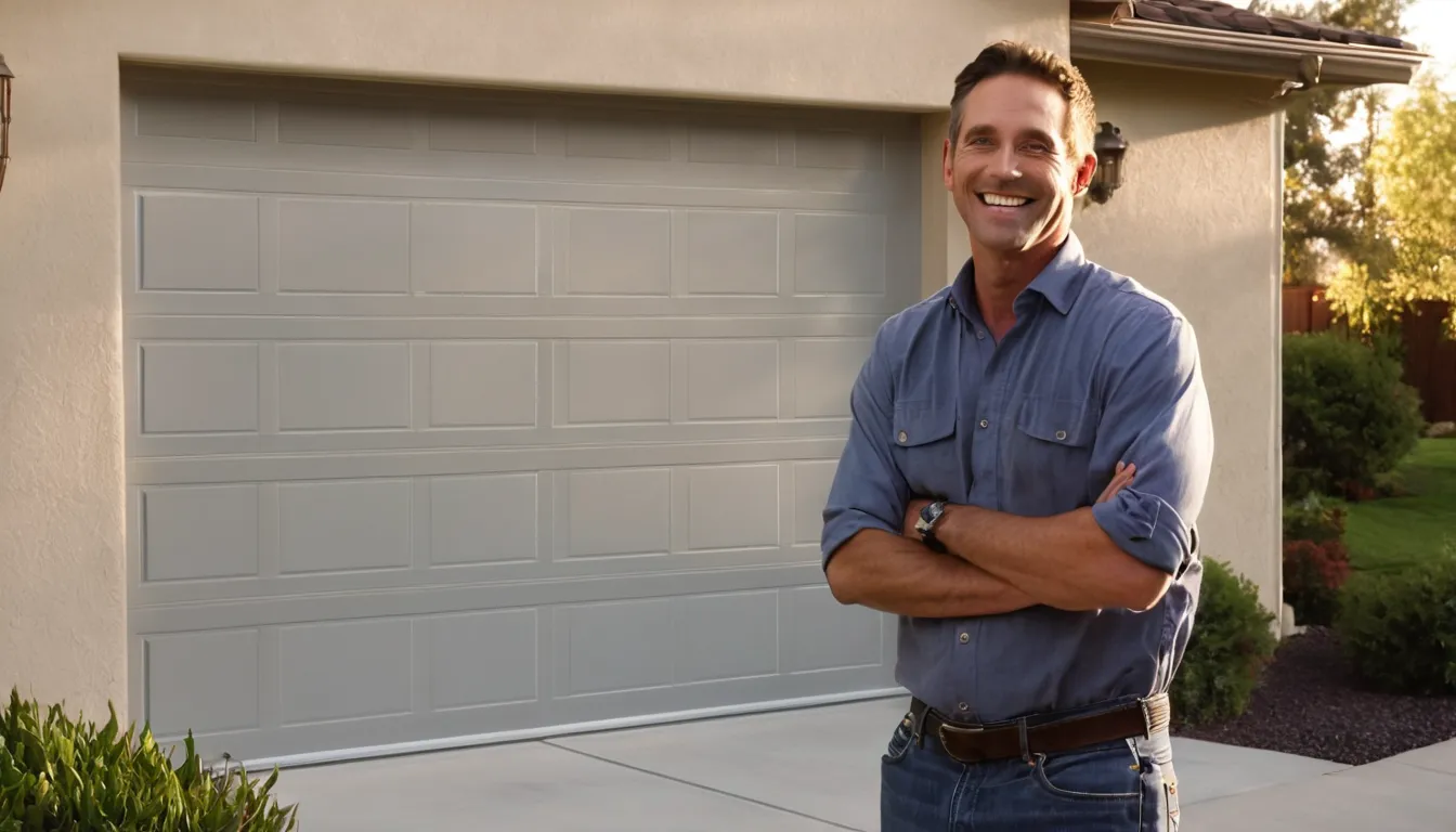 A friendly provider finishing a new garage door installation on a stucco home in Loomis