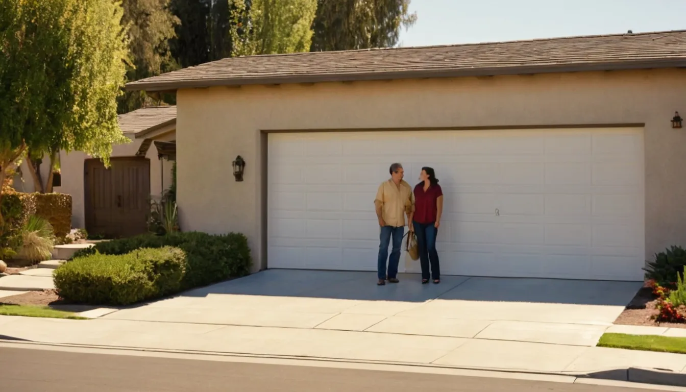 A friendly homeowner talking with a garage door provider in front of a stucco home in Loomis